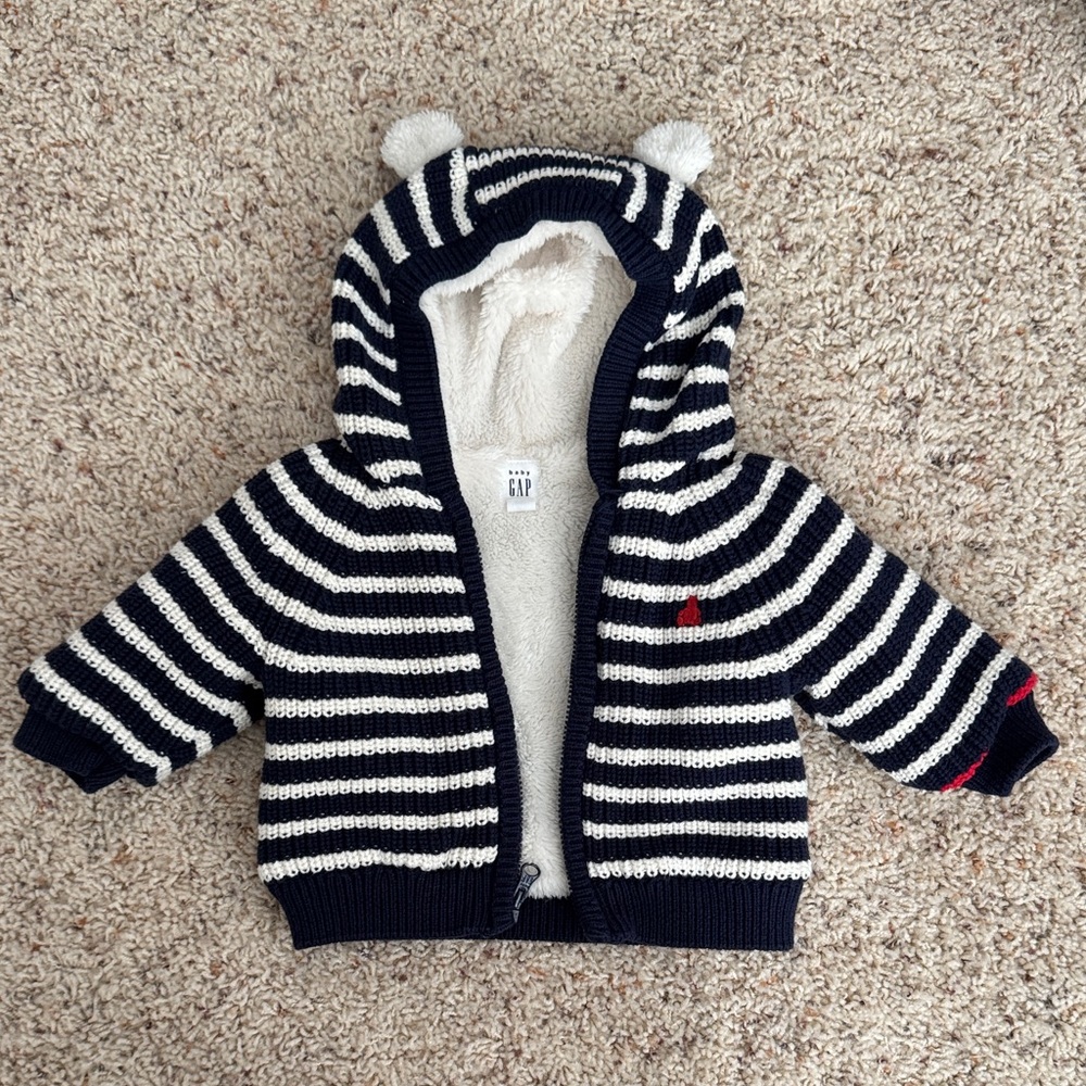 GAP Navy and White Striped Baby sweater Hoodie fur lining with Ears